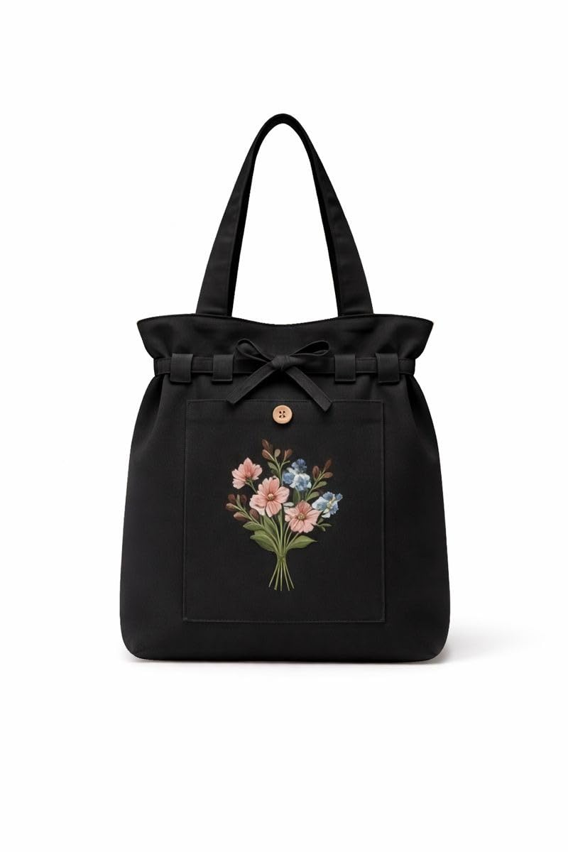 haveglam Embroidered Canvas Tote Bag for Women | Floral Design Cotton Shoulder Bag | Reusable Shopping & Office Handbag Multi-Purpose Bags, Black-picture-15