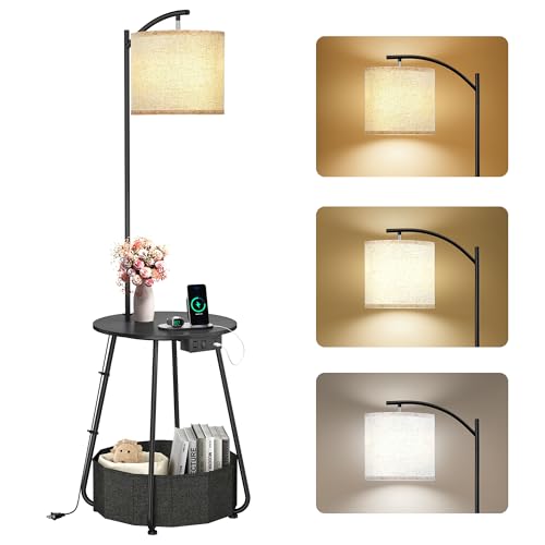 Image of LUTEC Floor Lamp with Table, End Table with Charging Station(USB & Type-C & AC Port), Round SideTable with Fabric Basket, 3 Color Temperatures 9W LED Bulb, Modern Nightstand for Bedroom, Living Room