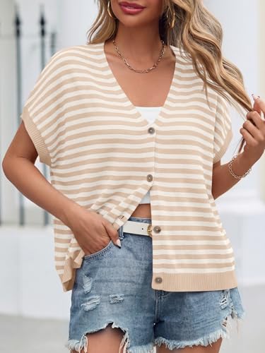 Image of Saodimallsu Womens Summer Oversized Cardigans Batwing Short Sleeve Lightweight Button V Neck Casual Knit Sweater Tops