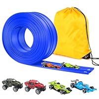Kosmoflux Autorennbahn Flexible Rennstrecke mit 4 Autos & Tragtasche – Soft Rennbahn Spielzeug für Kinder ab 3 4 5 6 Jahre, Rollt Auf Tragbare Autobahn Geschenk für Indoor/Outdoor, Blau