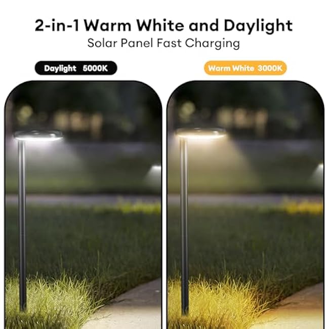 Solar Pathway Lights - Super Bright 300 Lumens with 2-in-1 Warm White & Daylight Color, Solar Path Lights for Pathway, Sidewalk, Driveway, Garden,Parterre etc,Landscape Lighting (2-Pack)
