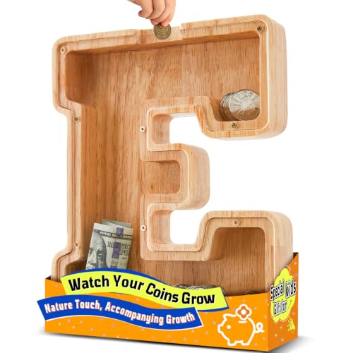 AUVCE Wooden Initial Piggy Bank - Large Solid Wood Money Box for Kids - Personalized Letter Money Bank, Unique Educational Gift Decor for Baby Shower, Birthday & Nursery (E)