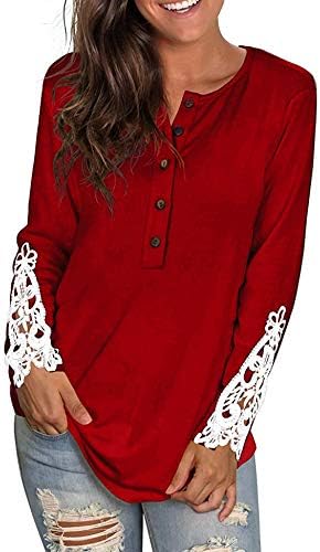 Woman's Shirts and Blouses Long Sleeve Solid Color Lace Tunic Tops Red S :  Amazon.sg: Fashion