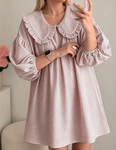 Image of Ynhonra Women's Gingham Mini Dress 3 /4 Puff Sleeve Babydoll Doll Collar