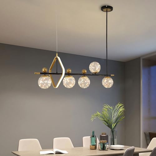 Lámpara Colgante Moderna de 100 cm de Largo con Pantalla de Cristal y LED, herrajes inoxidables, 5 Bolas de suspensión para Sala de reuniones y Biblioteca.