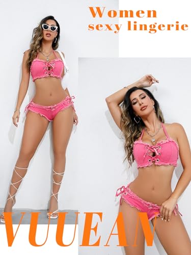 VUUEAN Women's Bikini Denim Lingerie Set with Strappy Bra and Hot Shorts4