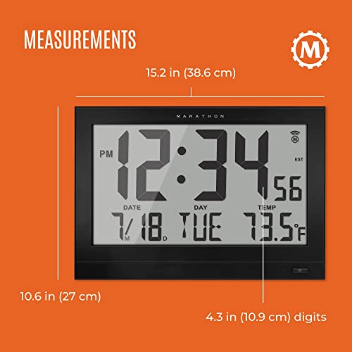 Marathon Jumbo Atomic Wall Clock With Automatic Backlight, Black - Large 15-Inch Display - Am/Pm Or 24-Hour Time, 8 Time Zones, Indoor Temperature, Day & Date - 4 Aa + 4 C Batteries Included #TOP4