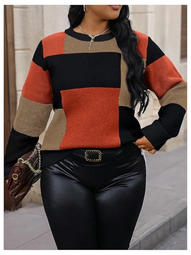 Image of RoseSeek Women's Plus Size Colorblock Crewneck Sweater Long Sleeve Drop Shoulder Pullover Knitwear Multicolor X-Large Plus