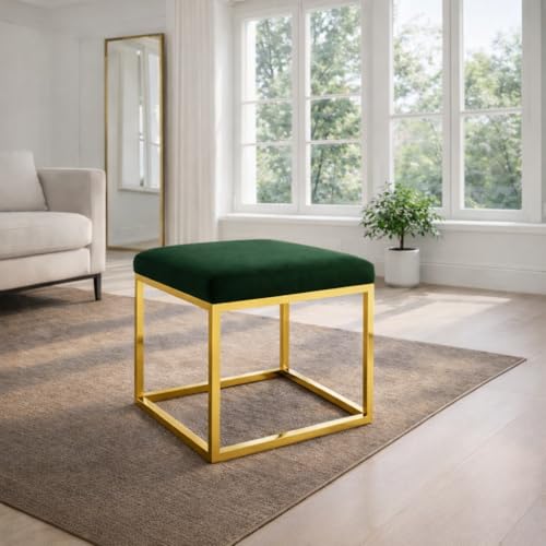 Image of Square Metal Ottoman /Sitting Stool /Living Room Furniture /Office, Velvet Footstool /Footrest Pouffes Home Decor (Set of 2 Green) - 30.48 Cm, 38 Cm