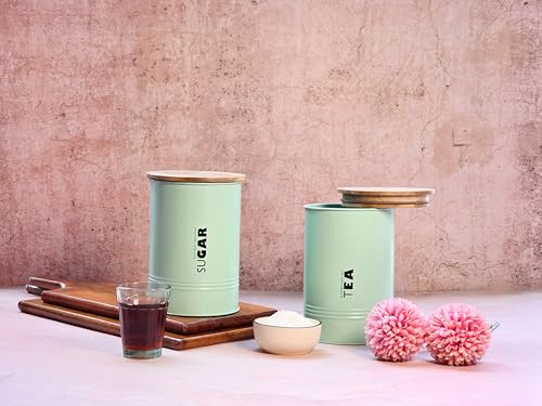 Image of JISCOVERY Airtight Tea & Sugar Container Set of 2| Metal Storage Canister with Wooden Lid for Kitchen| Storage Box for Kitchen Counter Top| 1300 ML| Light Green