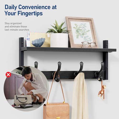 Image of Tatub 20 inch Rustic Coat Rack Wall Mount with Shelf, Wall Hooks with Shelf, Heavy Duty Entryway Organizer Hangers for Hanging, Hat, Bag, Jacket for Bathroom, Living Room, Bedroom, Black