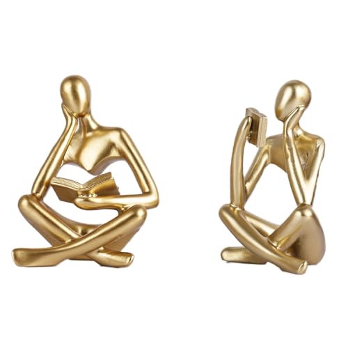 Lot de 2 figurines dorées - Sculpture pensante et lisible - Figurines d'art abstraites - Décoration minimaliste moderne pour bureau, bibliothèque et salon, décoration de bureau