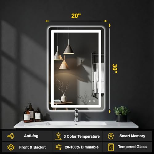 Image of LED Bathroom Mirror with Lights, 20 inchx30 inch Lighted Vanity Mirror for Wall
