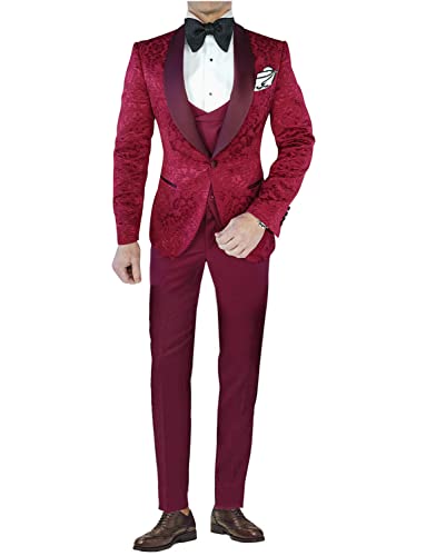 Costume 3 pièces homme jacquard veste smoking chic gilet pantalon uni de cérémonie