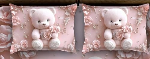 Image of Premium 7D Digital Printed Cotton Flat Bedsheet (90 X 100) Inch with 2 King Size Pillow Covers -300 TC Fabric, Design & Superior Comfort Double Bedsheet for Double Bed (Pink - Teddy Pattern)
