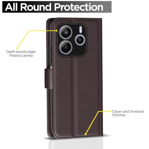 Image of Pikkme Flip Cover Leather Finish | Inside TPU with Card Pockets | Wallet Stand and Shock Proof | Complete Protection Button Flip Case for Redmi Note 14 5G (Coffee)