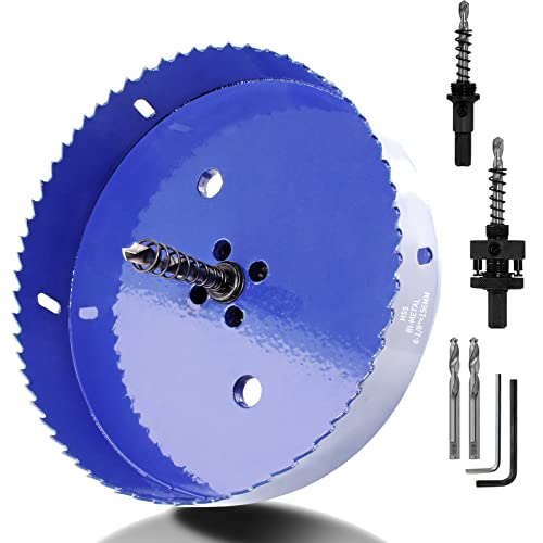 Image of Luomorgo 156mm /6-1 /8 inch Hole Saw with Arbor, 1 1 /4 inch Cutting Depth HSS Bi-Metal Hole Cutter for Wood Cornhole Boards Plastic Drywall & Metal Sheet
