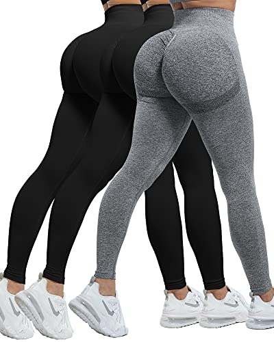CHRLEISURE Workout Leggings Sets for Women, Gym Scrunch Butt Butt Lifting Seamless Leggings 3 Piece (2Black,1Gray, M)