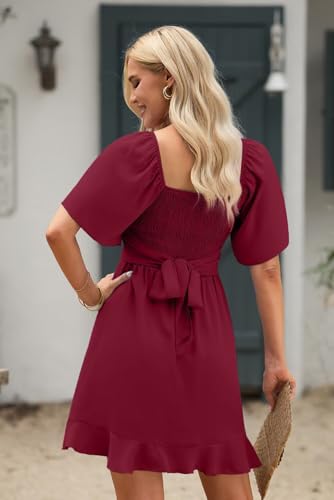 Dokotoo Women's Wrap V Neck Short Flared Sleeve Wedding Guest Dress Smocked Elastic Waist Tiered Belted Ruffle Hem Mini Dress - Image 5