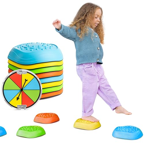 Toyrific Stepping Stones Balance Game, Stackable 8 Colourful Non-Slip, Sensory Stones with Spinner and Games, Indoor and Outdoor Play Toy for Kids Age 3+, Holds up to 100kg