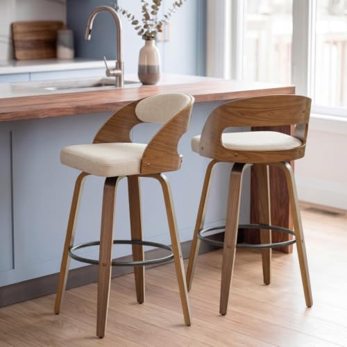 Image of AQG Swivel Bar stools Set of 2 Bar Chairs 30 inch Counter Height Mid-Century Modern Bentwood Barstool Faux Linen Upholstered Bar Chair with Back and Footrest, for Bar, Cafe, Dining, Kitchen Island, Beige