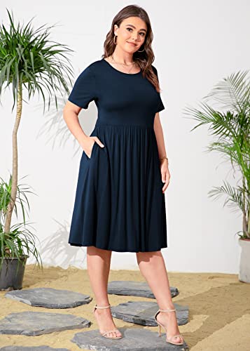 Image of POSESHE Womens Plus Size Summer Dress 2026 Casual Short Sleeve Empire Waist Loose Fit Swing T-Shirt Dress with Pockets
