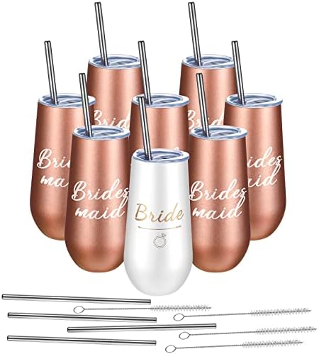Tessco 8 Pack Wedding Stainless Steel Wine Tumblers Bride Champagne Flutes Vacuum Cups Stemless Bride Mug with Lid Insulated Bride Tumbler for Proposal Bridal Gift (6 oz)