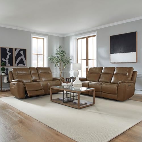 Liberty Furniture Collins Living Room Power Recline Set with Sofa & Loveseat - Storage Console with Hidden Cupholders, USB Charging Ports, Wireless Charging Pad - York Chestnut Leather