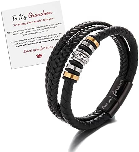 beemean To My Son/Grandson Leather Bracelet-I Will Always Be With You Braided Bracelet for Men Boys Stainless Steel Inspirational Bracelet Handmade Braided Rope Bangle Wristband Leather Bracelet