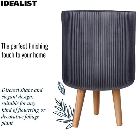 IDEALIST Indoor Flower Planter Medium Ribbed Cylinder Floor Pot on Legs D25.5 H36 cm Black, 10.4 ltrs.
