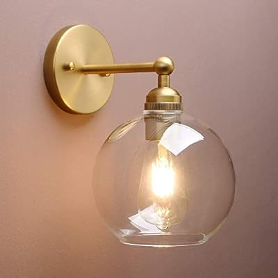 Yosoan Brass Boho Vanity Gold Bathroom Wall Sconce, 1-Light Indoor Hardwired Wall Mounted Vintage Industrial Fixture Lights with Double Hole Round Glass Lamp for Mirror, Living Room, Hallway(Antique)