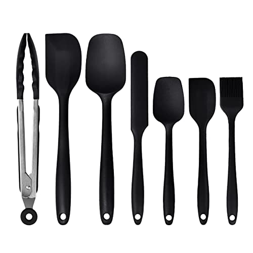 Silicone Spatula Set of 7 One Piece Seamless Design, Rubber Spatulas Silicone Heat Resistant Non Stick Cookware, Silicon Spatula All Silicone Kitchen Utensils 7 PCS Black