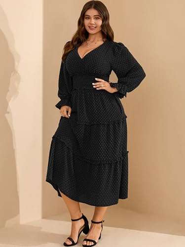 RWJ Womens Plus Size Long Sleeve Dress V Neck Swiss Dot Smocked Boho Fall Wedding Guest Maxi Dresses3