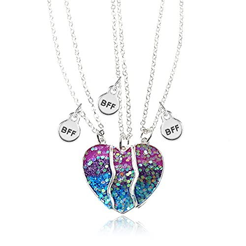 MJartoria BFF Necklace for 3 - Heart Matching Pendant Best Friends Forever Friendship Necklace Cute Best Friend Necklace