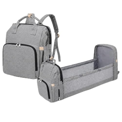 Mochila Maternidade 3 em 1 com Berço Portátil, Impermeável, Compartimento Térmico, 14 Bolsos e Trocador (Cinza)