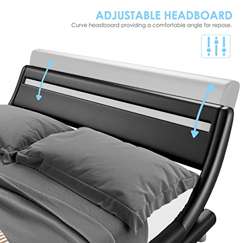 Keyluv Upholstered Full Size Led Bed Frame With Headboard, Faux Leather Modern Low Profile Platform Bed With Strong Wooden Slats Support, Luxury Wave-Like Design, No Box Spring Needed, Black #TOP5