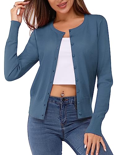 Newshows Damen Leichte Strickjacke Langarm Klassisch Rundhalsstrickjacke mit Knöpfen Casual Cardigan Strickmantel(Blau-01,L)
