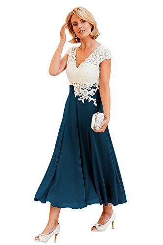 Women s Plus Size A-Line Lace Appliques V Neck Chiffon Ink Blue Bridesmaid Dress Tea Length Evening Gown 20 Plus