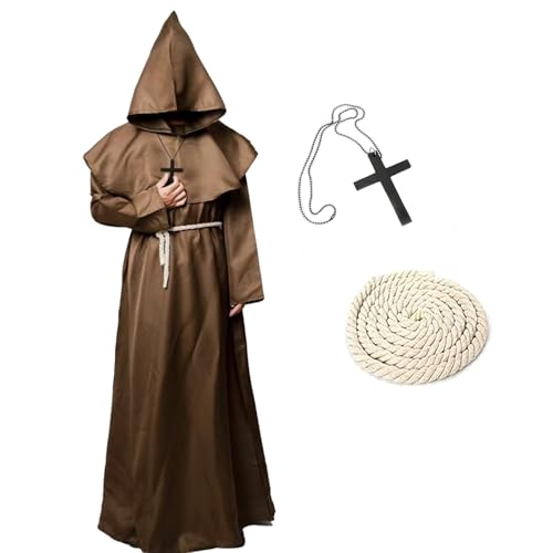 KEELYY Mönch Robe Priester Kostüm Herren Halloween Kostüm mit Kapuze und Kreuz, Mönch Priester Gewand Männer Mönchskutte für Halloween, Karneval, Mittelalterliche, Renaissance,Braun-M