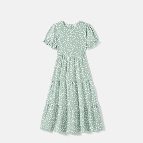 Image of IFFEI Mommy and Me Dresses Summer Casual Boho Matching Outfits Ruffle Puff Sleeve High Waist Midi Beach Maxi Dress