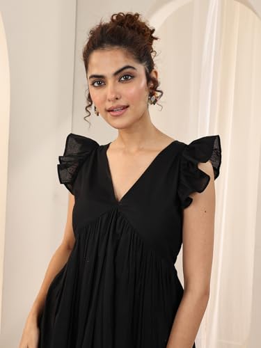 Image of Libas Solid Cotton Fit and Flare Dress for Women