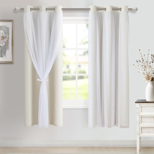 Image of DWCN Ivory Blackout Curtains with Sheer Overlay with Tiebacks 63 Inch Long | Mix & Match Double Layer Window Panels for Bedroom Living Room Drape, Grommet Top, 38 inch Wx63 inch L, Set of 2