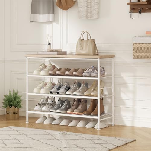 Image of SUOERNUO Shoe Rack Organizer 4 Tier for Closet Entryway Free Standing Metal Storage Shoe Shelf with MDF Top Board,White+Oak