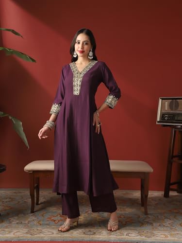 Image of Globus Women Kurta Set (8909389015365 Purple L)