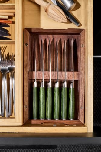 Image of HexClad 6 Piece Damascus Stainless Steel Blade Green Steak Knife Set with Walnut Storage Box, Full Tang Construction, Pakkawood Handles