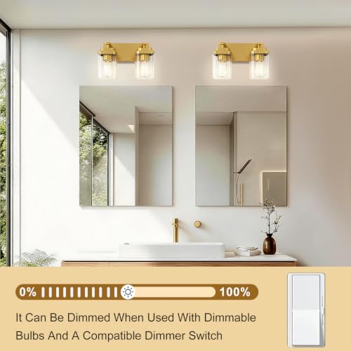 Image of Brushed Gold Bathroom Light Fixtures, 2 Lights Bathroom Lighting Fixtures Over Mirror, Square Design & Rectangle Large Backplate, Modern Vanity Lighting Fixtures, for Living Room /Bedroom