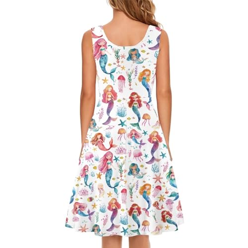 Image of Women Stylish Tank Dresses Sleeveless Round Neck Midi Casual Dress with Pocket for Summer