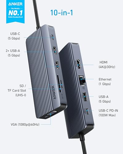 USB C Hub, hub USB-C con due display (10 in 1), display HDMI 4K a 30 Hz con Power Delivery da 100 W max, porte dati USB-C e USB-A da 5 Gbps per MacBook, Lenovo, Dell XPS, laptop HP e altro - Hub USB - Immagine 1