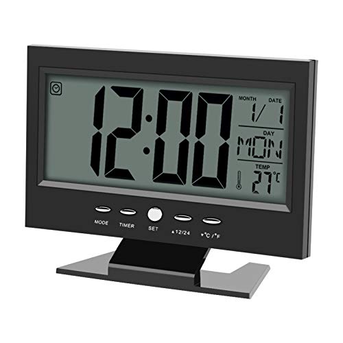 Reloj de Mesa con Soporte LCD Digital, Control de Sonido Despertador, Gran Pantalla Tiempo, Calendario, Semana, Temperatura, Pantalla de Escritorio, 14.5 x 11.2cm, Color Negro