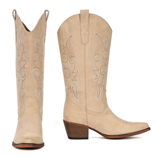 Image of IUV Cowboy Boots For Women Western Cowgirl Boots Mid Calf Snip Toe Boot With Chunky Heel